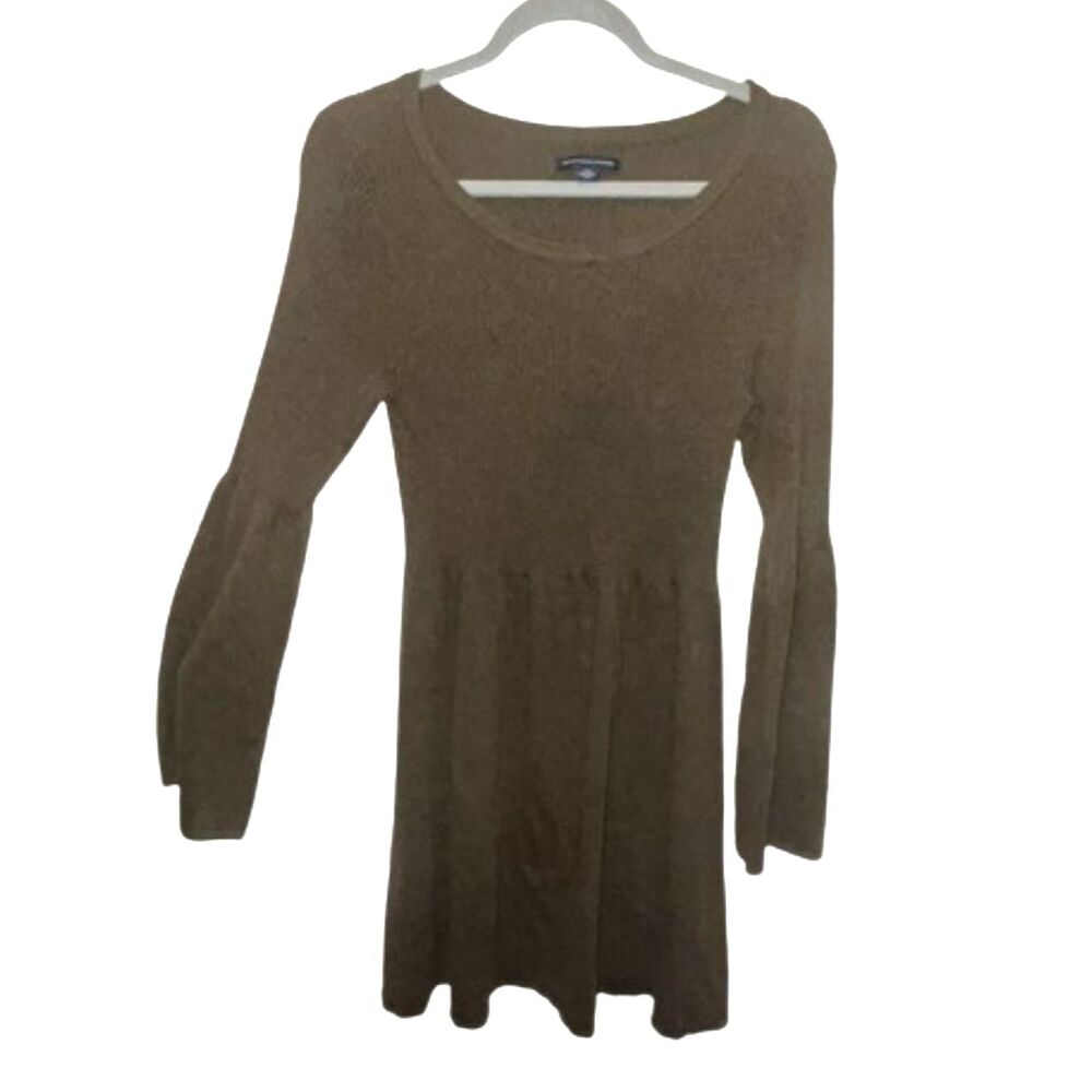 American Eagle Outfitters Soft Ribbed Olive Green Long Bell Sleeve Sweater Dress